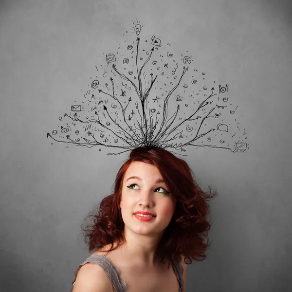 Young woman with tangled lines coming out of her head — Stock Photo, Image