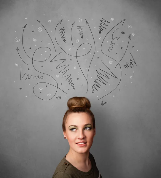 Young woman thinking with arrows over her head — Stock Photo, Image