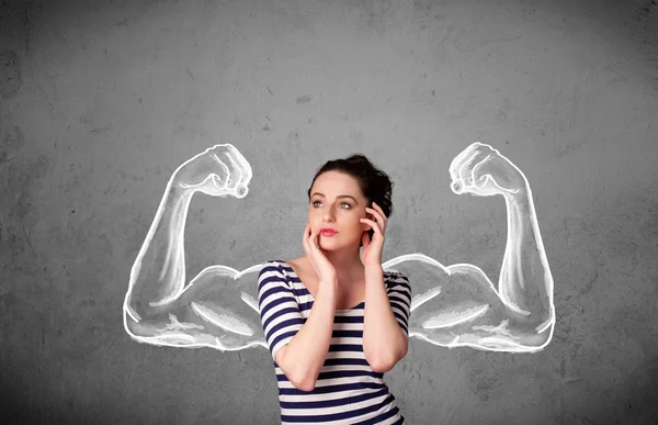 Young woman with strong muscled arms — Stock Photo, Image