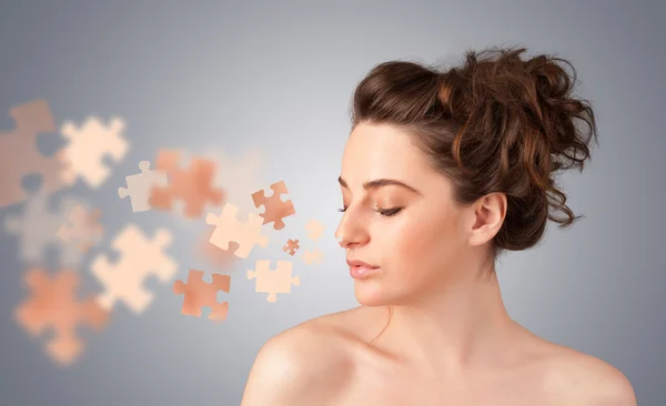 Pretty young girl with skin puzzle illustration — Stock Photo, Image