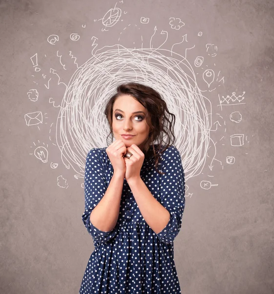 Pretty young girl with abstract circular doodle lines and icons — Stock Photo, Image