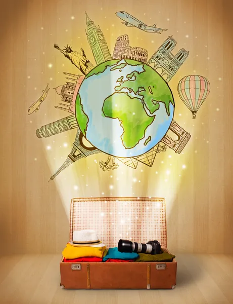 Bagage met reizen rond de wereld illustratie concept — Stockfoto