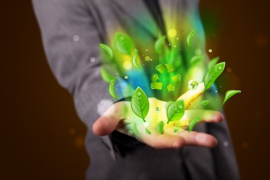 genç işadamı eko yeşil yaprak geri dönüşüm enerji conce sunulması