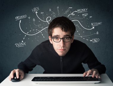 Beyaz çizgili düşünceleri olan genç bir hacker.
