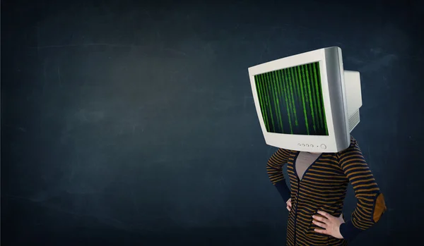 Ciberhumano com uma tela de monitor e código de computador no displ — Fotografia de Stock