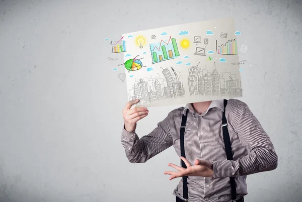 Businessman holding a paper with charts and cityscape in front o — Stock Photo, Image