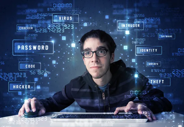 Programowanie hakerów w środowisku technologicznym z ikonami cybernetycznymi — Zdjęcie stockowe
