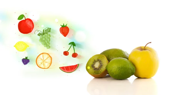 Colorful fruits with hand drawn illustrated fruits — Stock Photo, Image