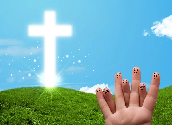 Happy finger smileys with christian religion cross — Stock Photo, Image