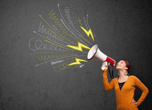 Cute girl shouting into megaphone with hand drawn lines and arro — Stock Photo, Image