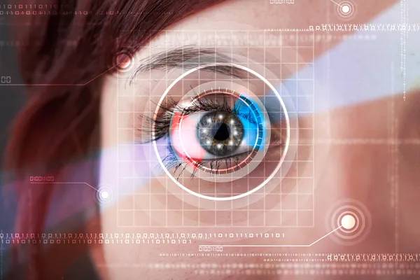 Cyber woman with technolgy eye looking — Stock Photo, Image