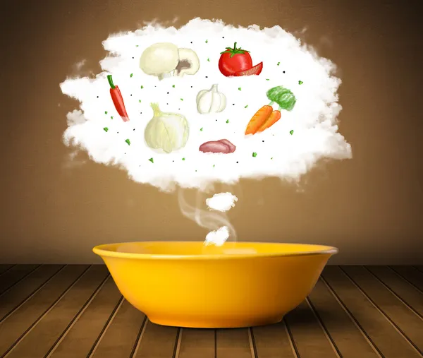 Bowl soup with vegetable ingredients illustration in cloud — Stock Image Bowl soup with vegetable ingredients illustration in cloud Stock Picture
