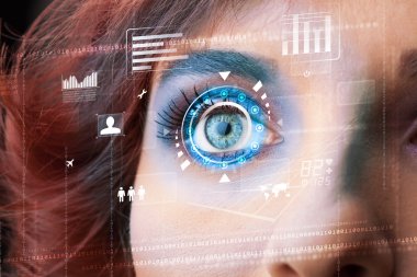 Siber teknoloji göz paneli konsepti ile gelecekteki kadın