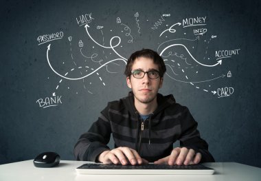 Beyaz çizgili düşünceleri olan genç bir hacker.