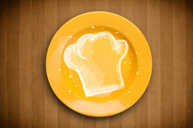 El çizimi beyaz şef sembollü renkli bir tabak.