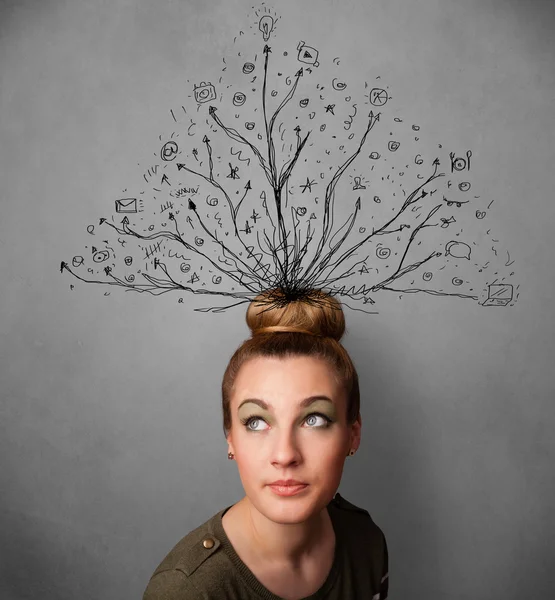 Jonge vrouw met verwarde lijnen coming out van haar hoofd — Stockfoto