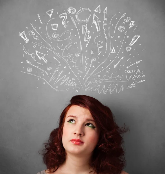 Young woman thinking with sketched arrows above her head — Stock Photo, Image