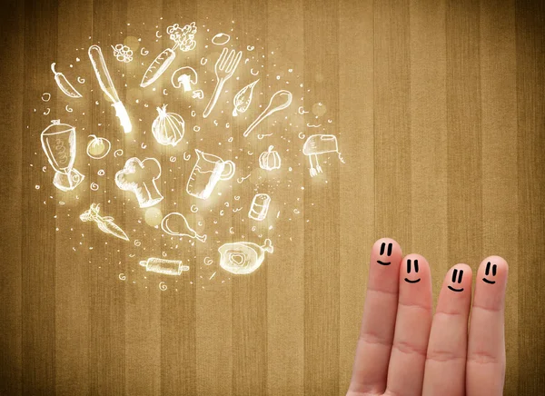 Fröhliche Finger-Smileys mit Essen und handgezeichneten Ikonen aus der Küche — Stockfoto