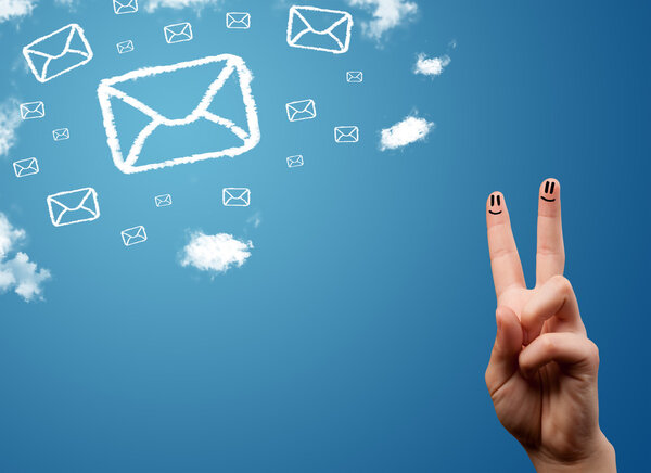 Happy smiley fingers looking at mail icons made out of clouds