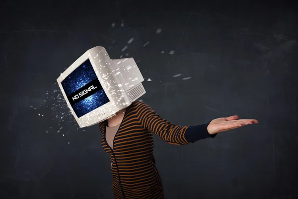 Girl with a monitor head and no signal on the display screen — Stock Photo, Image