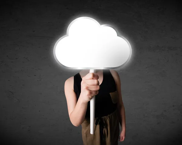 Young woman holding a cloud — Stock Photo, Image