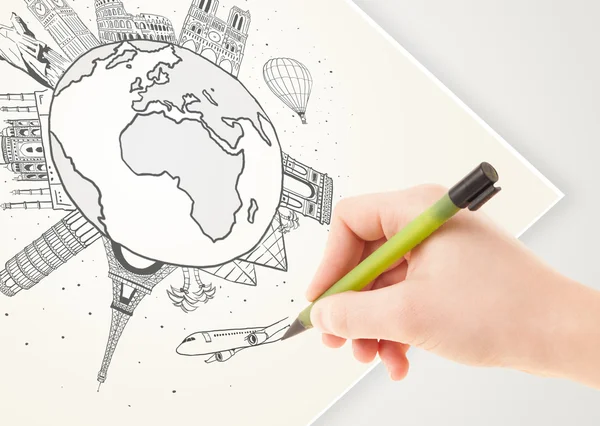 Hand drawing vacation trip around the earth with landmarks and c — Stock Photo, Image