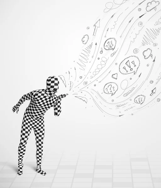 Guy in body suit morphsuit looking at sketches and doodles — Stock Photo, Image