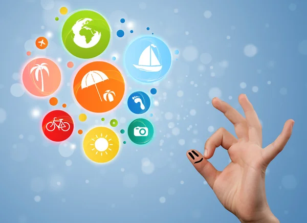 Cheerful finger smileys with colorful holiday travel bubble icon — Stock Photo, Image