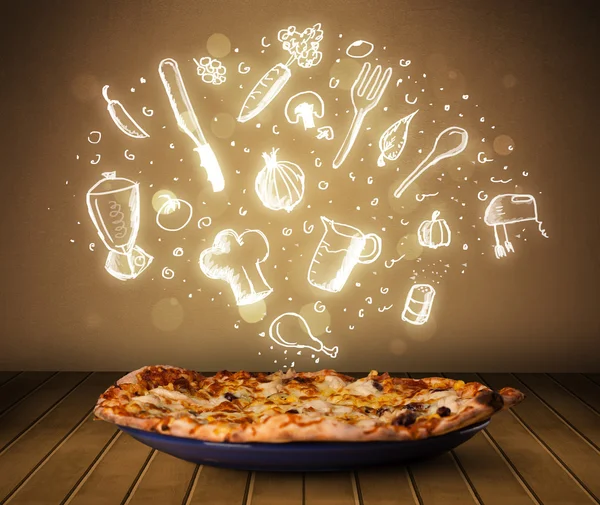 Pizza con iconos y símbolos de restaurante blanco —  Fotos de Stock