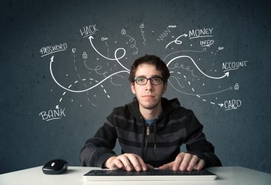 Beyaz çizgili düşünceleri olan genç bir hacker.