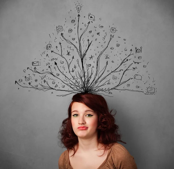 Young woman with tangled lines coming out of her head — Stock Photo, Image