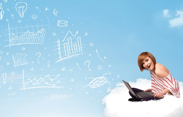 Young woman sitting in cloud with laptop — Stock Photo, Image