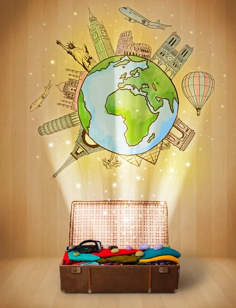 Luggage with travel around the world illustration concept — Stock Photo, Image