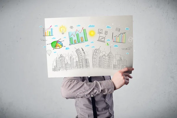 Businessman holding a paper with charts and cityscape in front o — Stock Photo, Image