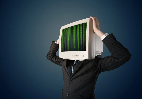Cyber humano con una pantalla de monitor y código de computadora en el displ —  Fotos de Stock