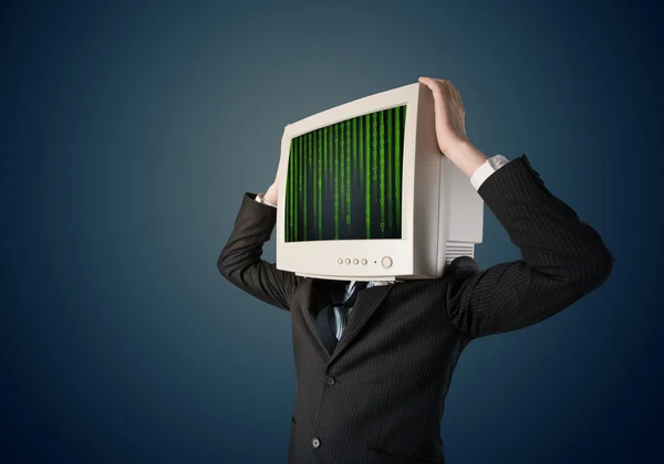 Cyber menselijke met een monitor scherm en computer-code op de displ — Stockfoto