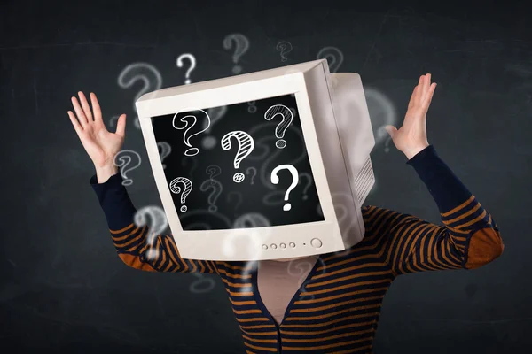 Casual woman with a pc monitor head question marks comming out — Stock Photo, Image