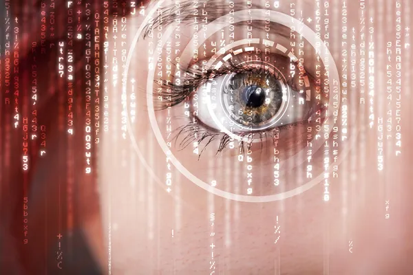 Moderne Cyber-Frau mit Matrix-Auge — Stockfoto