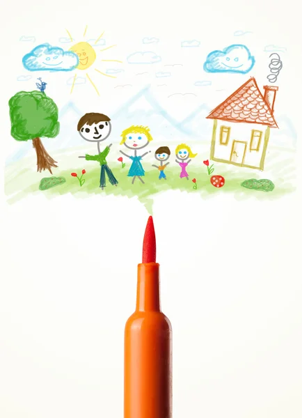 Felt pen close-up with a drawing of a family — Stock Photo, Image