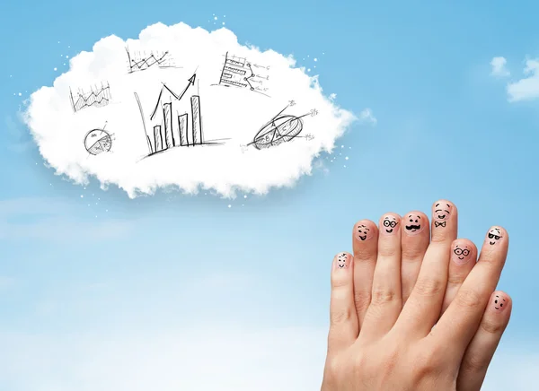 Felices dedos sonrientes mirando a la nube con cartas dibujadas a mano — Foto de Stock