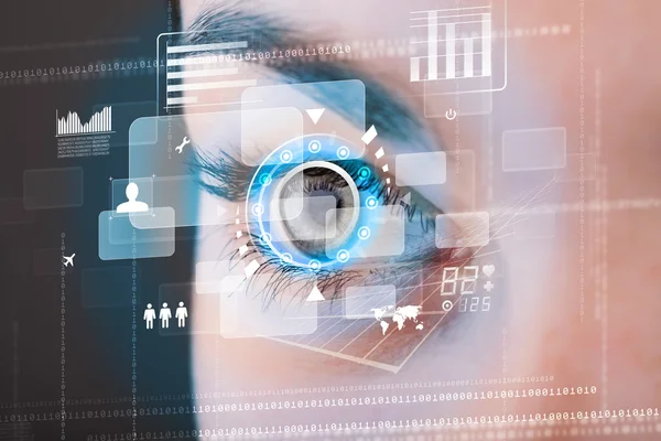 Toekomstige vrouw met cyber technologie oog deelvenster concept — Stockfoto