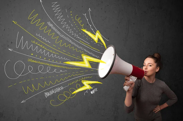 Cute girl shouting into megaphone with hand drawn lines and arro — Stock Photo, Image