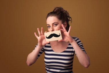 kağıt çizim bıyıklı tutan mutlu sevimli kız