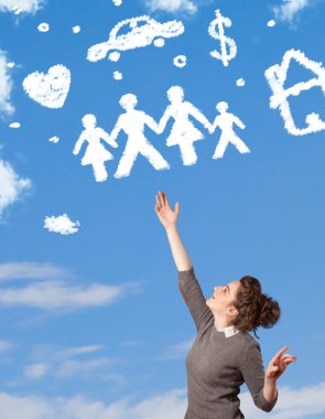 Young girl daydreaming with family and household clouds clipart