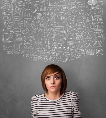 genç kadın başının üstünde kabataslak çizelgeleri ile el hareketi