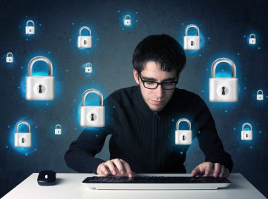 sanal kilit simgeleri ve simge ile genç hacker