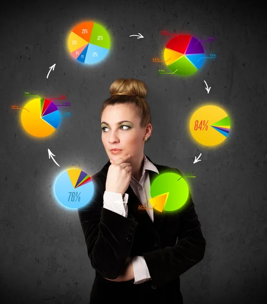 Young woman thinking with pie charts circulation around her head — Stock Photo, Image