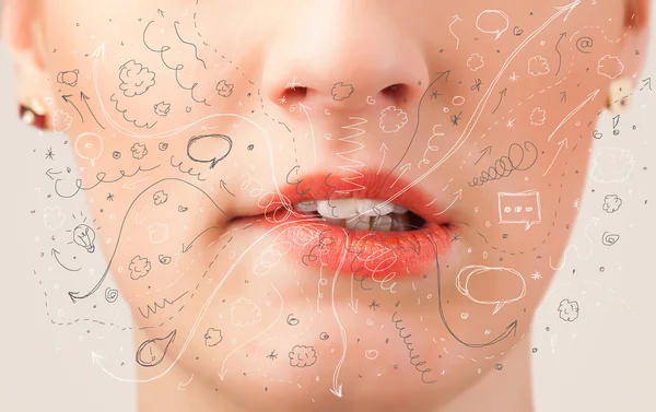 Pretty woman mouth blowing hand drawn icons and symbols — Stock Photo, Image