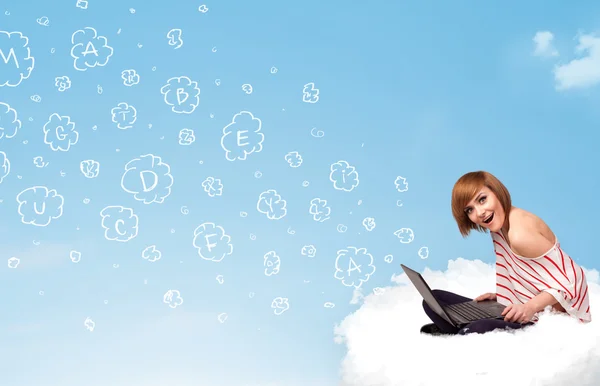 Young woman sitting in cloud with laptop — Stock Photo, Image