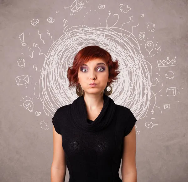 Pretty young girl with abstract circular doodle lines and icons — Stock Photo, Image